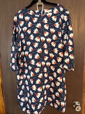 NWT Navy Linen Floral Shift Tunic Dress - White & Red Print